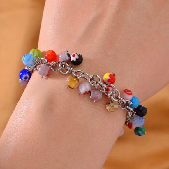 Murano Style ✦ Floral Glass Bead Bracelet ✦ 316L Stainless Toggle Clasp 9" NWT - Picture 6 of 6